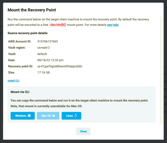 Figure 4.1: Mount the recovery point pop-up